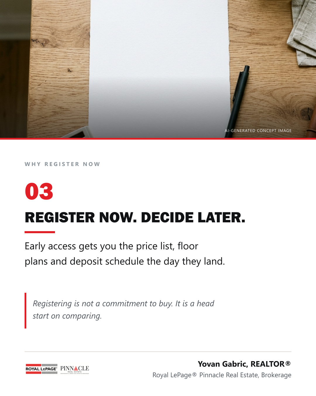 Carousel slide 4: Register now, decide later