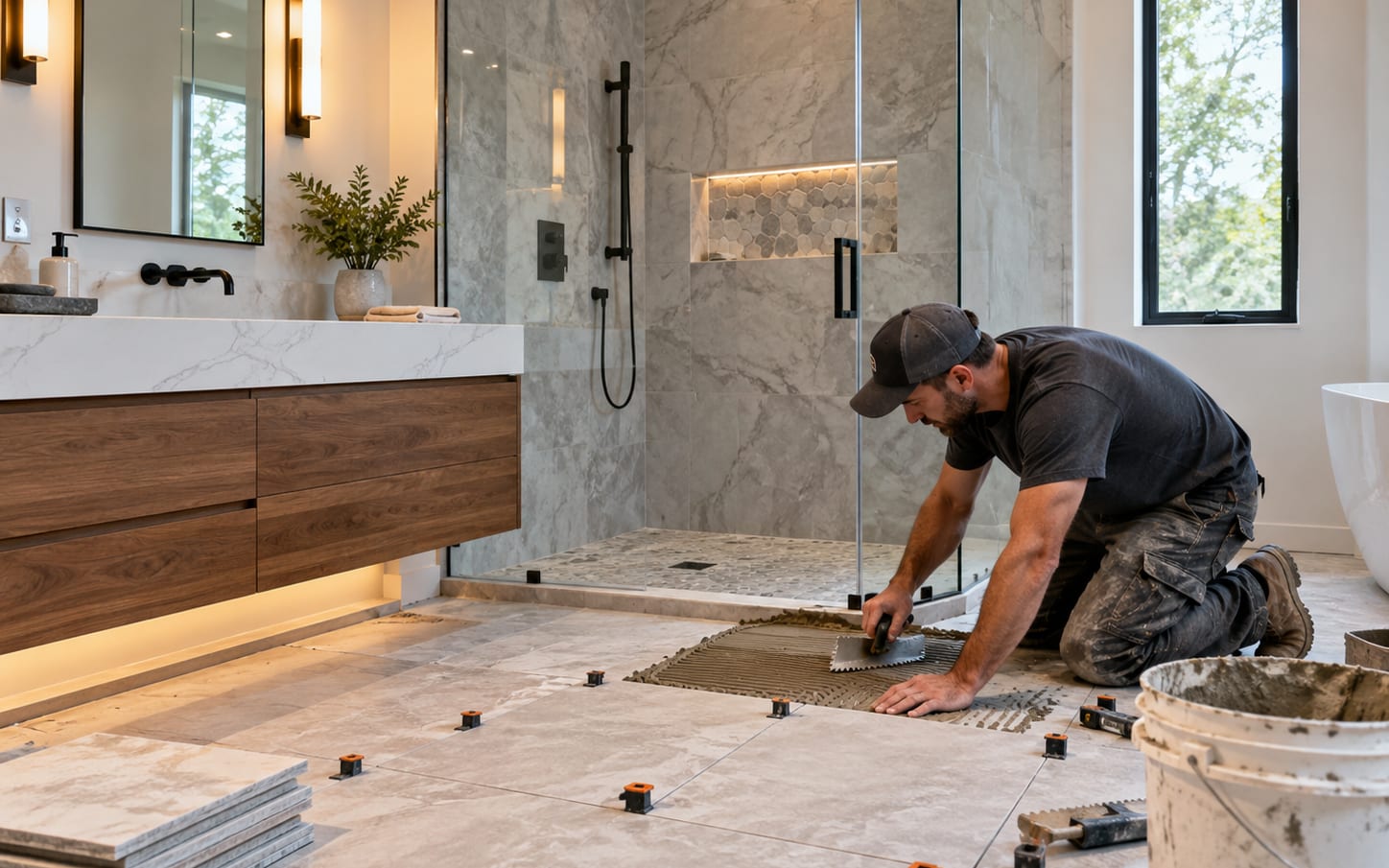 A tiler bedding large-format floor tile beside a finished walk-in shower