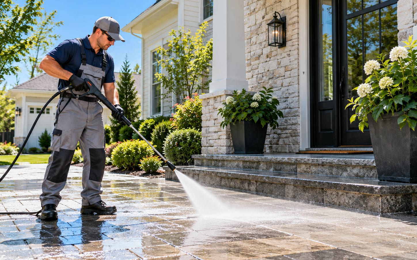 Pressure washing a stone walkway at a front entrance, clean stone emerging behind the spray