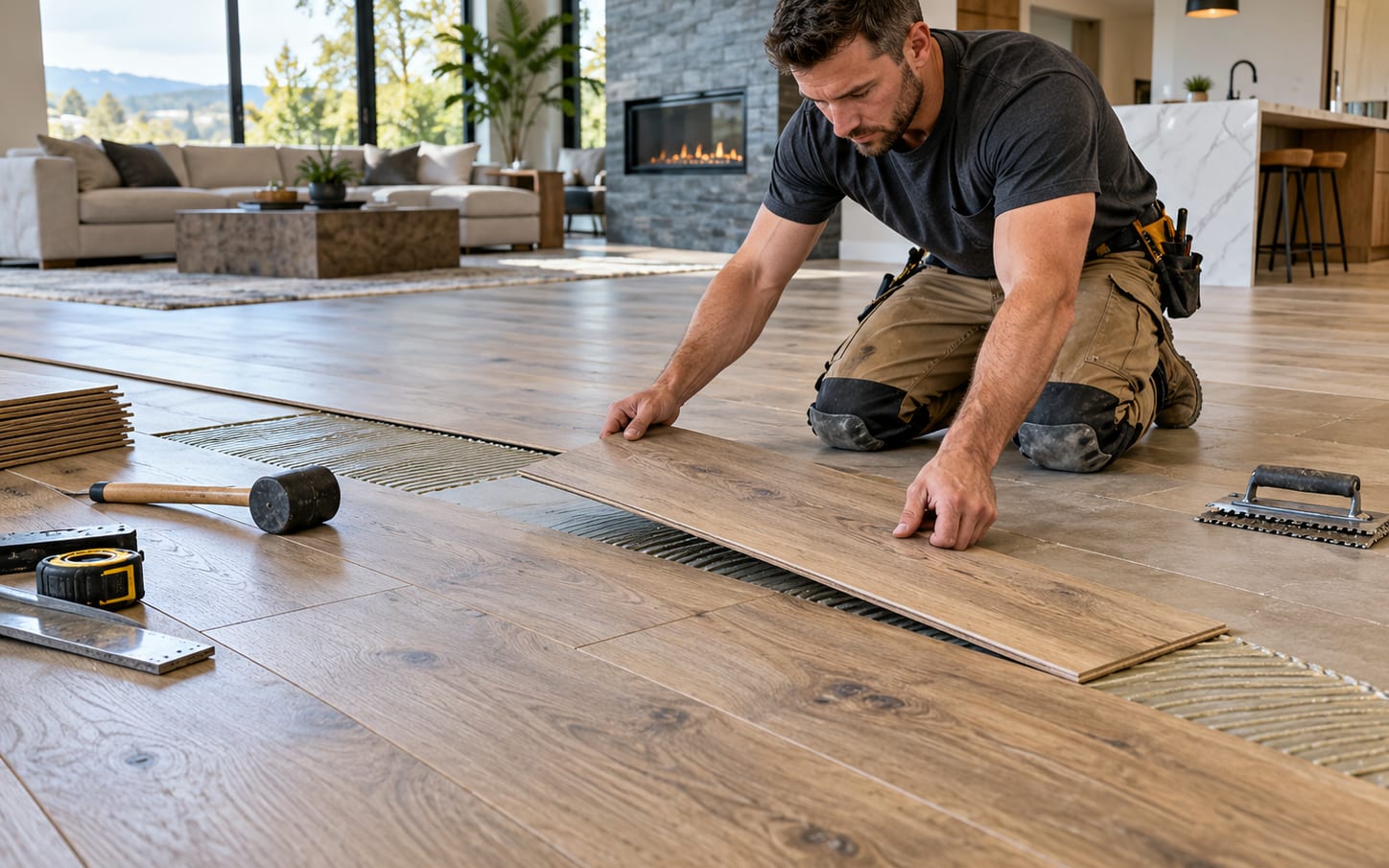 An installer laying wide-plank engineered flooring over a trowelled adhesive bed