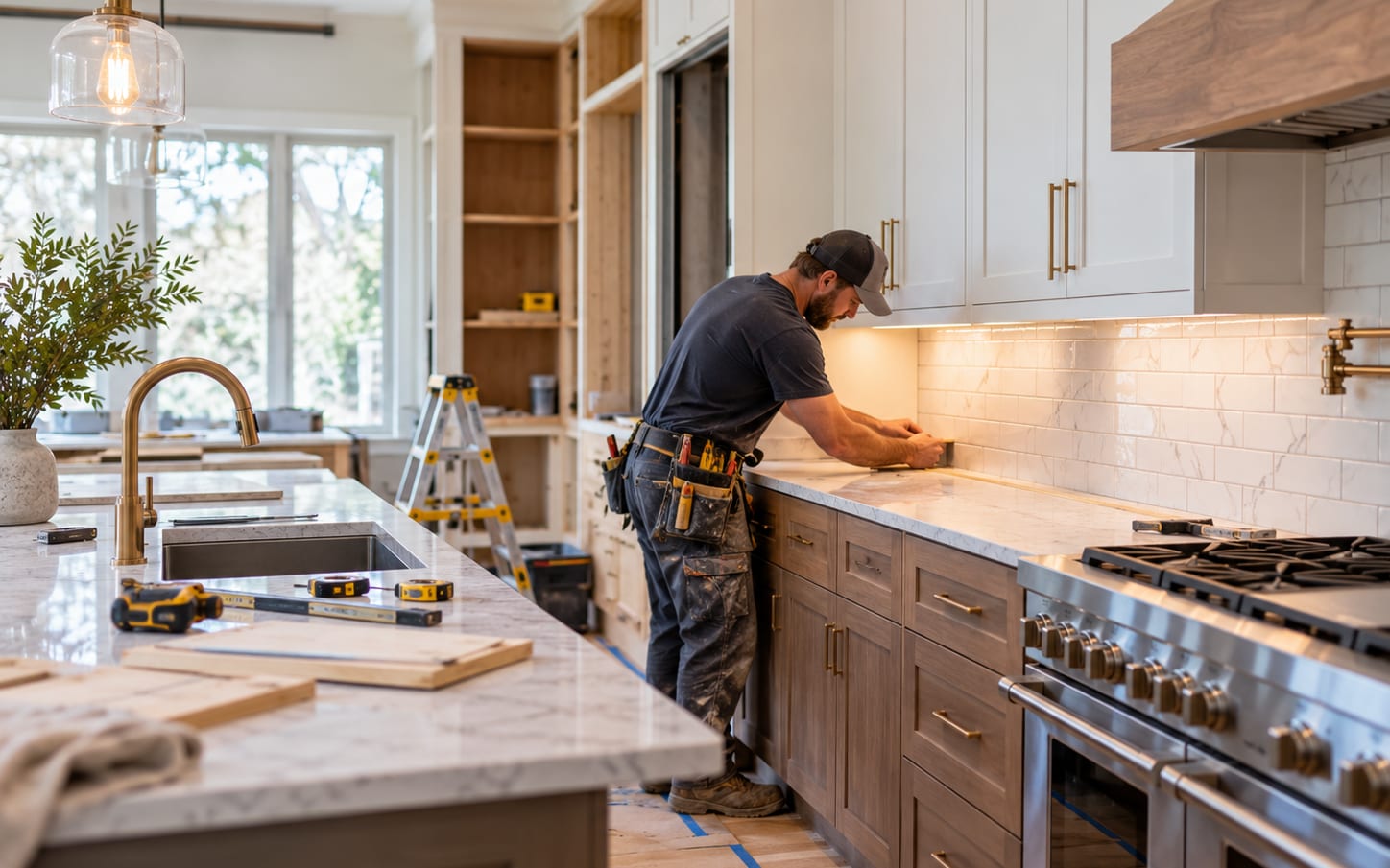 A tradesperson setting backsplash tile in a finished kitchen, cabinets and range already installed