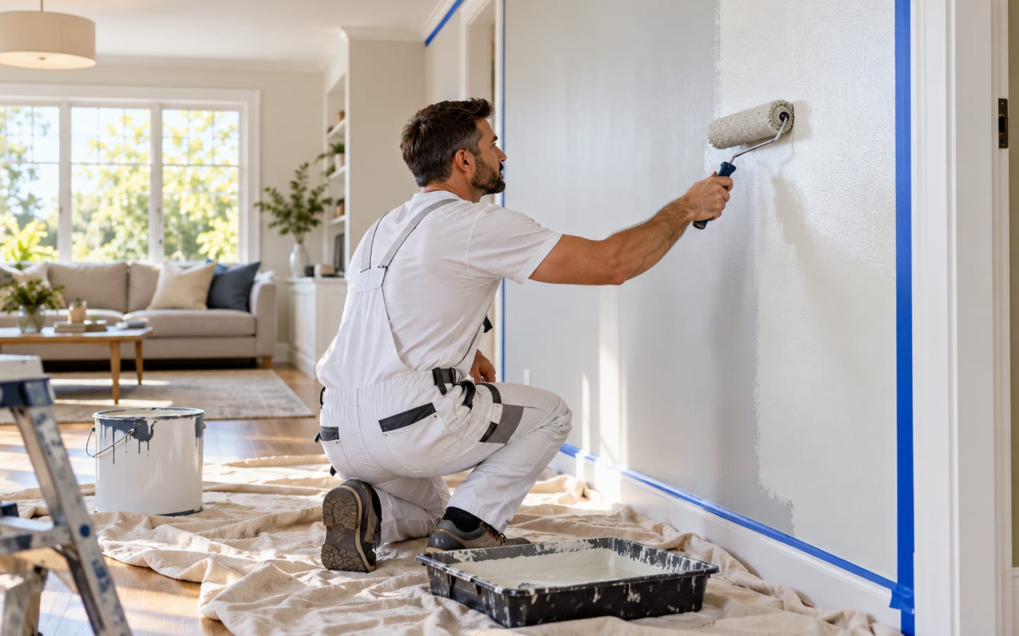 A painter rolling a wall in whites, drop sheets down and blue tape along the trim